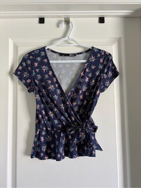 Rebel Sugar Navy Floral Wrap Peplum Tee